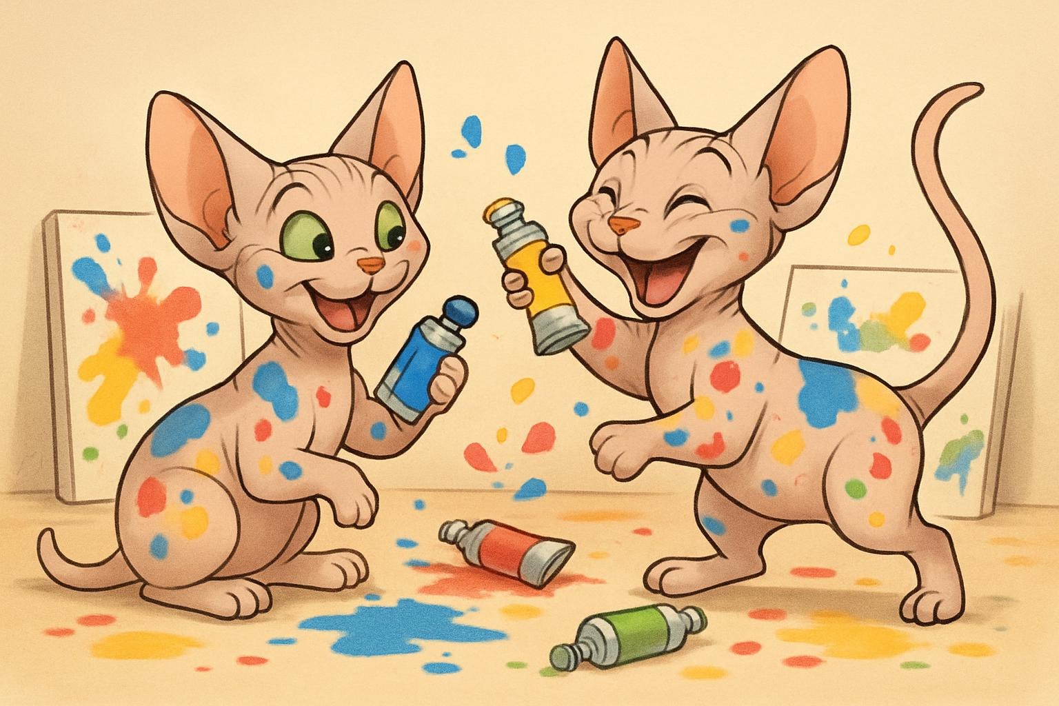 Two happy sphynx kittens playing with paint messily.